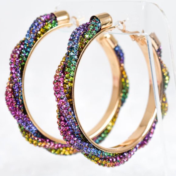 3" Braid Twist Multicolor Rhinestone Hoop Earrings - Picture 11 of 12